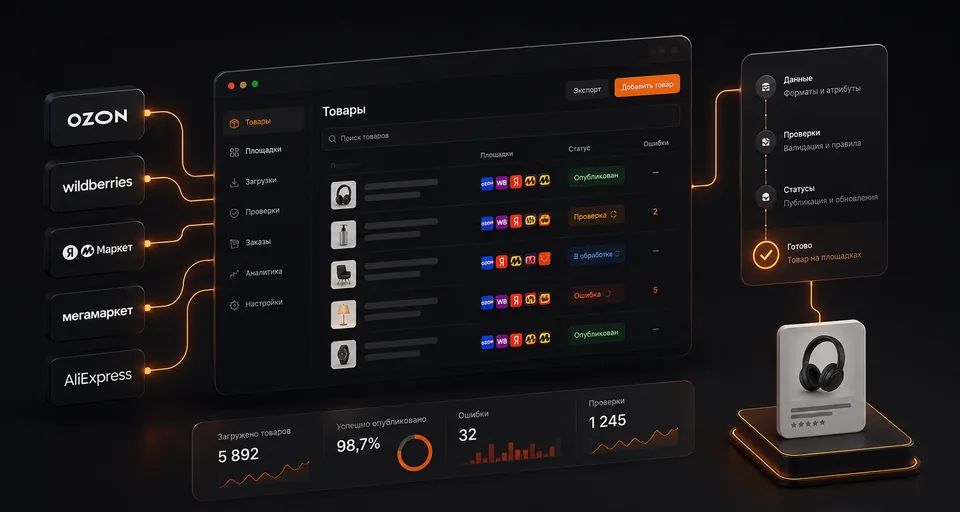 Иллюстрация платформы загрузки товаров на маркетплейсы
